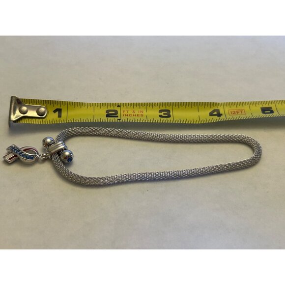 Silver Mesh Bracelet With Blue & Red Rhinestone Ribbon Pendant - Picture 5 of 10